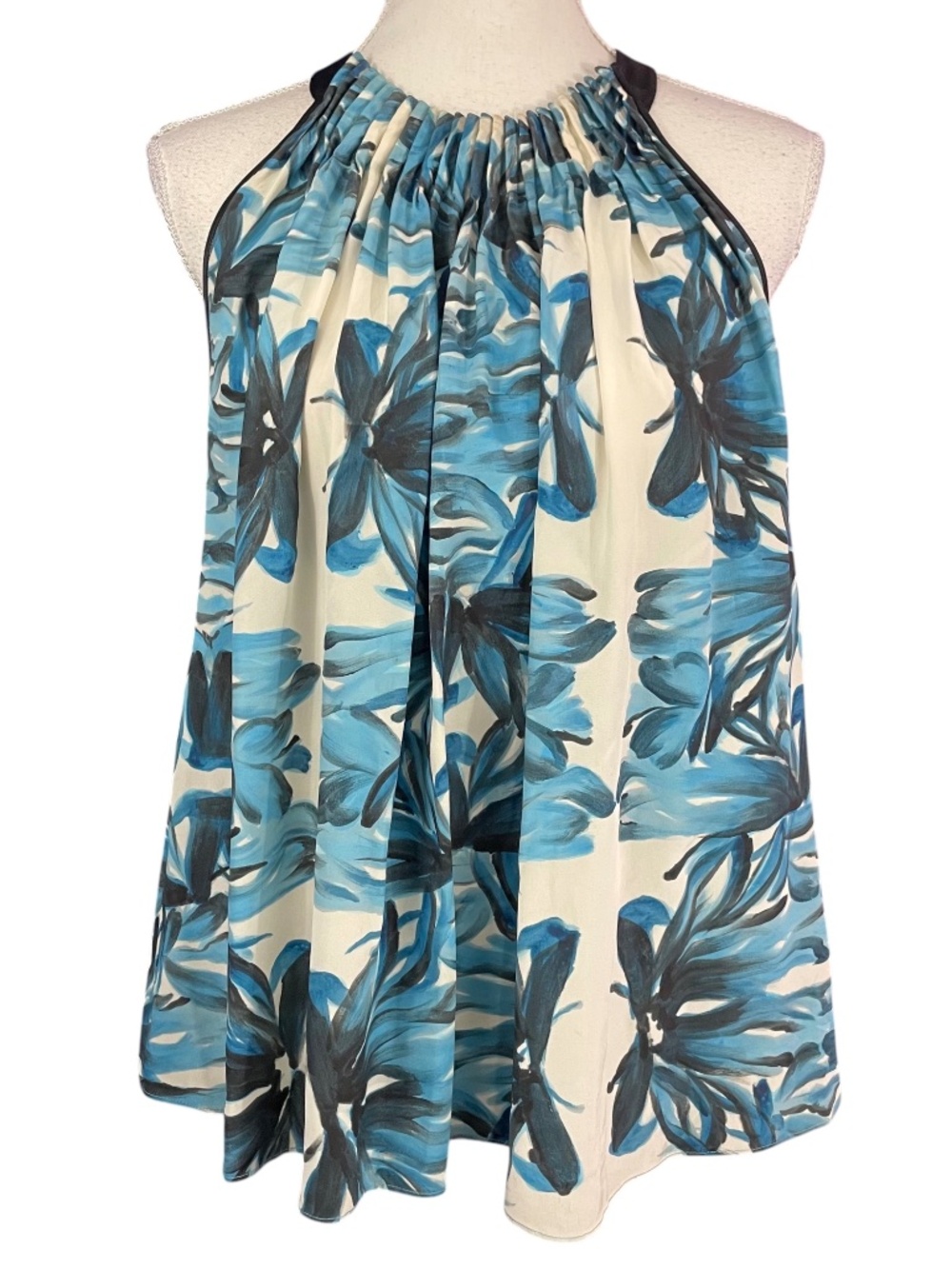 Maiyet Hand-Painted Silk Top S Pleated Halter Floral Flowy Teal Blue Cream Tank